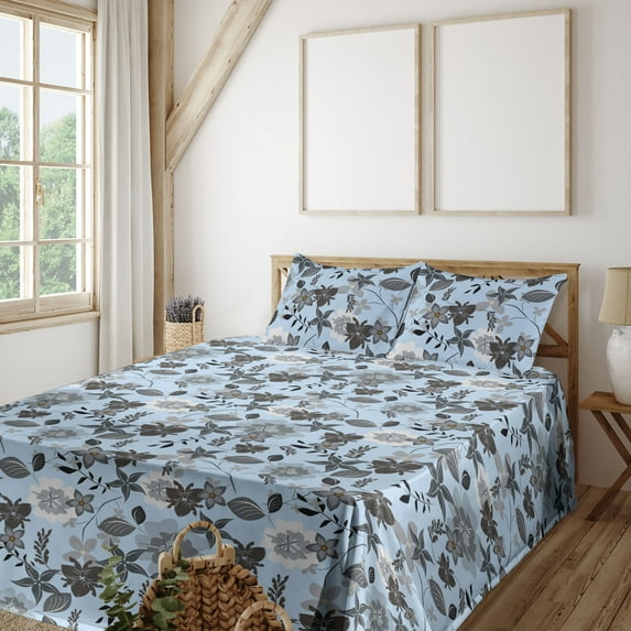 Ambesonne Springtime Fitted & Flat Sheet with Shams 4 Pcs Set, Delicate Floral Pattern, Calking, Pale Sky Blue and Purpleblue
