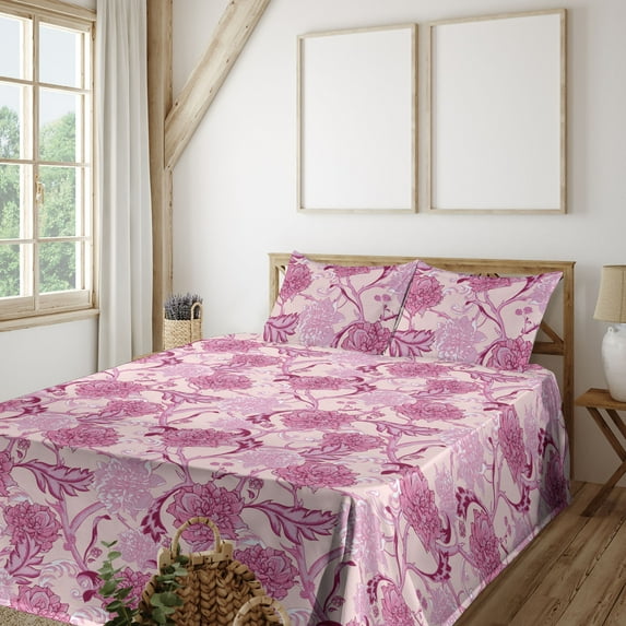 Ambesonne Springtime Fitted & Flat Sheet with Shams 4 Pcs Set, Jungle Blooming Peony, Calking, Rose Pastel Pink