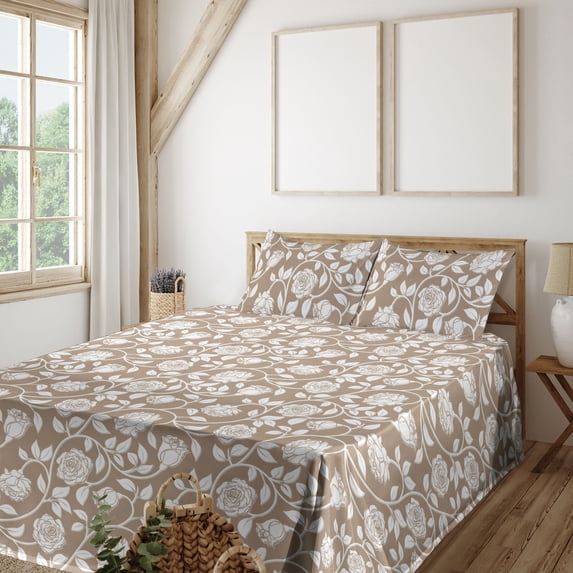 Ambesonne Springtime Fitted & Flat Sheet with Shams 4 Pcs Set, Minimalist Boho Garden, King, Warm Taupe Off White