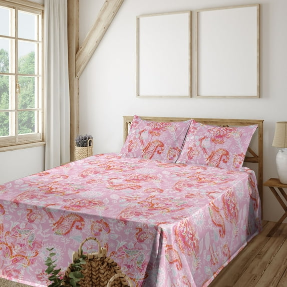 Ambesonne Springtime Fitted & Flat Sheet with Shams 4 Pcs Set, Paisley Floral Boho Art, King, Pastel Pink Dark Pink