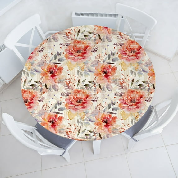Ambesonne Springtime Fitted Round Tablecloth, Art Flowers Cottagecore, 40"- 44" Diameter, Salmon Ceil Blue Peach