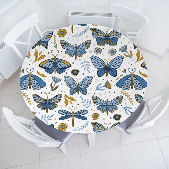 Ambesonne Springtime Fitted Round Tablecloth, Moth Vintage Cottagecore, 36"- 40" Diameter, Off White Sea Blue Camel