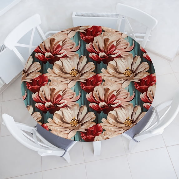 Ambesonne Springtime Fitted Round Tablecloth, Petals Vintage Flowers, 36"- 40" Diameter, Warm Taupe and Ruby