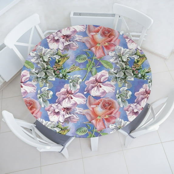Ambesonne Springtime Fitted Round Tablecloth, Watercolor Floral Garden, 56"- 60" Diameter, Ceil Blue Mauve Salmon