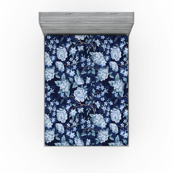 Ambesonne Springtime Fitted Sheet, Asian Leafy Branches Art, California King, Dark Lavender Ceil Blue