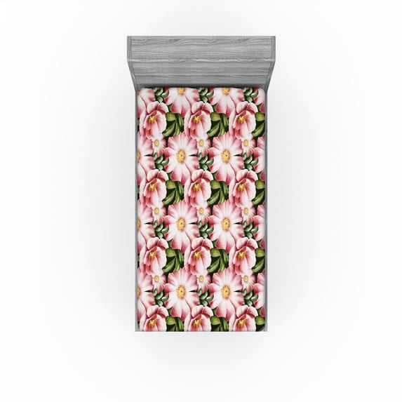 Ambesonne Springtime Fitted Sheet, Garden Flowers Romantic, Twin Size, Pistachio Green Blush