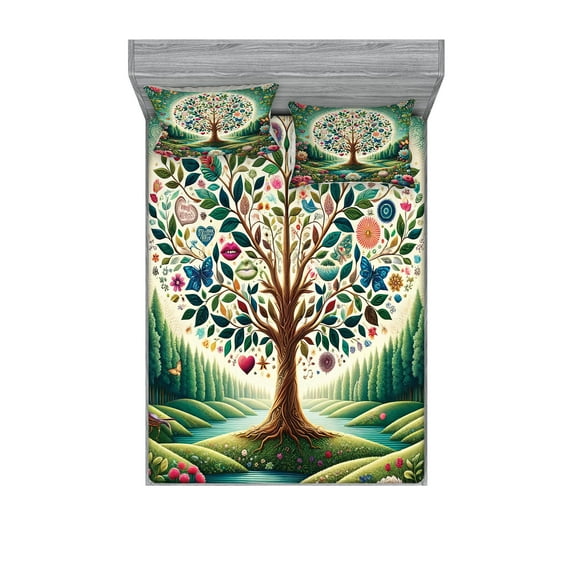 Ambesonne Springtime Fitted Sheet & Pillow Sham Set, Circular Tree Flourish, Calking, Green Blue and Pink