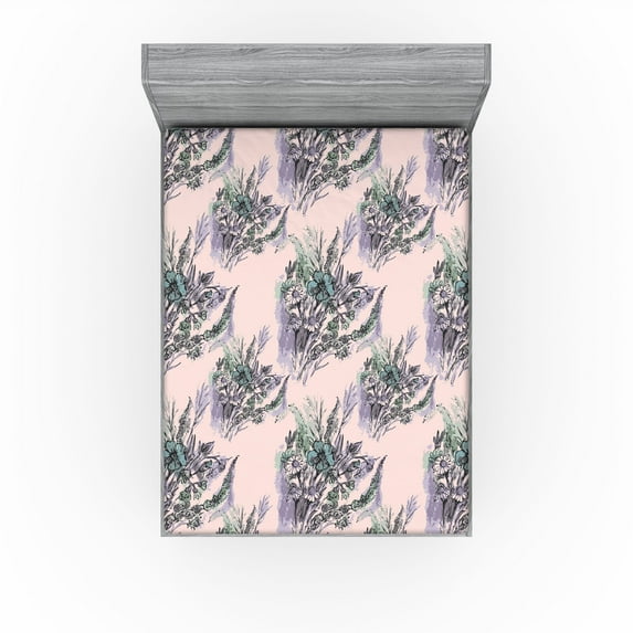 Ambesonne Springtime Fitted Sheet, Romantic Bouquet Print, King Size, Rose Lilac and Pale Teal