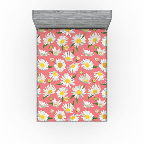 Ambesonne Springtime Fitted Sheet, Romantic Chamomile Print, Full Size, Off White Mustard and Coral