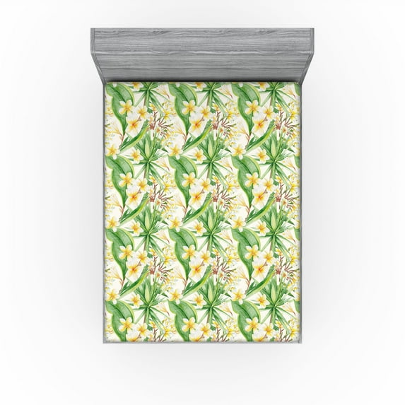 Ambesonne Springtime Fitted Sheet, Vintage Floral Yucca Art, Queen Size, Fern Green Mustard White