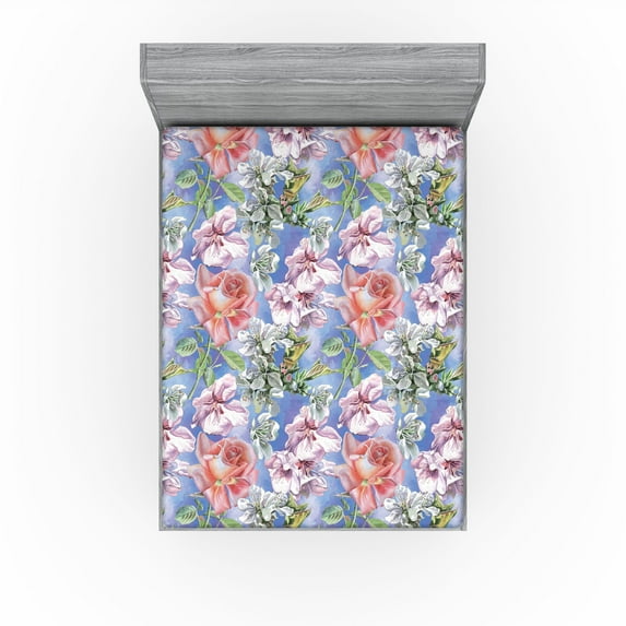 Ambesonne Springtime Fitted Sheet, Watercolor Floral Garden, Full Size, Ceil Blue Mauve Salmon