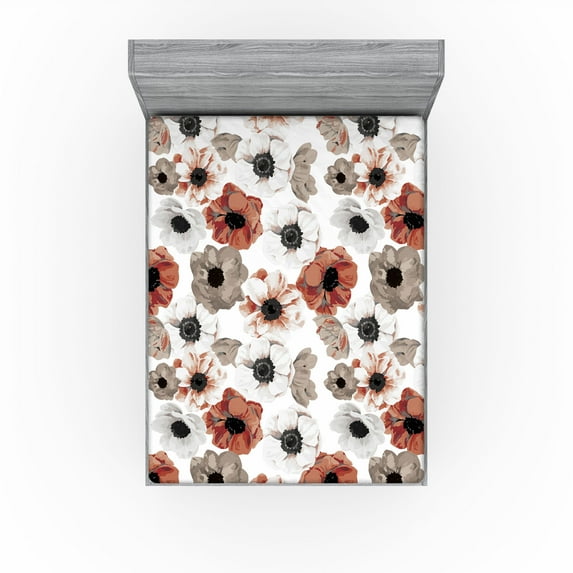 Ambesonne Springtime Fitted Sheet, Watercolor Style Flowers, King Size, Pale Maroon Taupe Grey