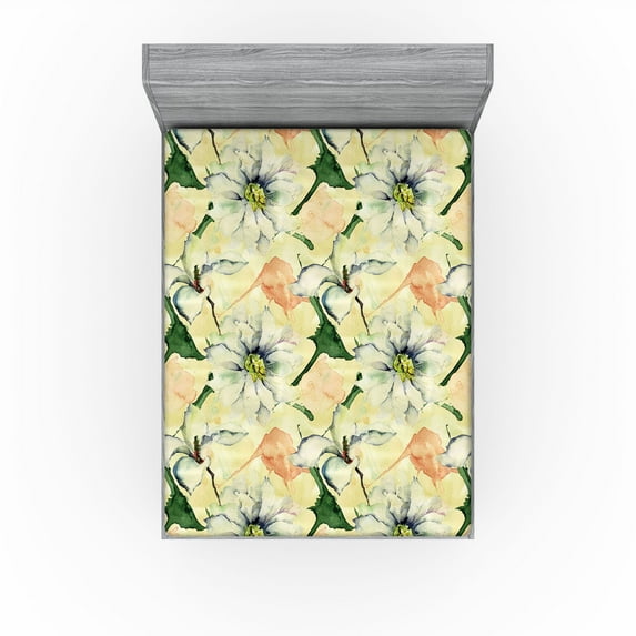 Ambesonne Springtime Fitted Sheet, Watercolor Wild Flowers, California King, Grey Yellow Hunter Green