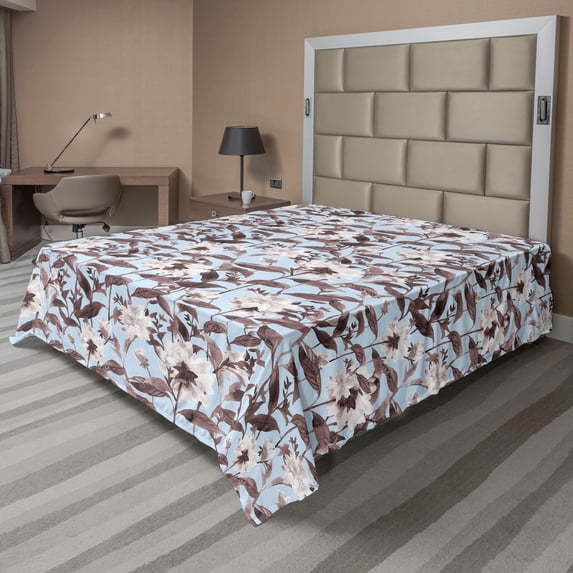 Ambesonne Springtime Flat Bedding Sheet Soft Top Sheet, Asters Buds Pattern Boho, King, Pale Sky Blue Eggshell
