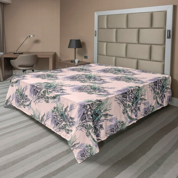 Ambesonne Springtime Flat Bedding Sheet Soft Top Sheet, Romantic Bouquet Print, California King, Rose Lilac and Pale Teal