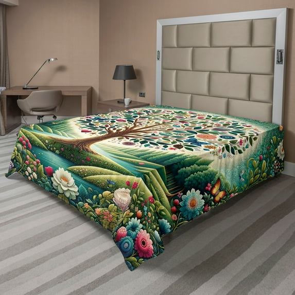 Ambesonne Springtime Flat Sheet, Circular Tree Flourish, King Size, Green Blue and Pink