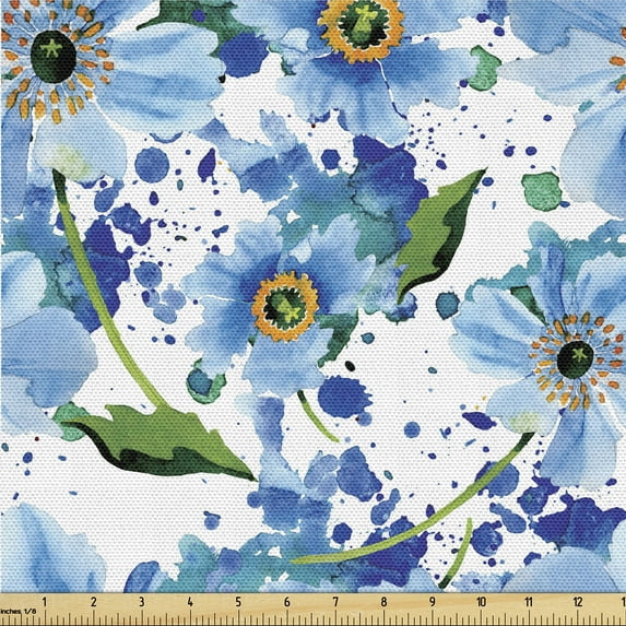 Ambesonne Springtime Floral Fabric by the Yard Upholstery, Watercolor Leafy, 1 Yard, Pale Azure Blue Mustard