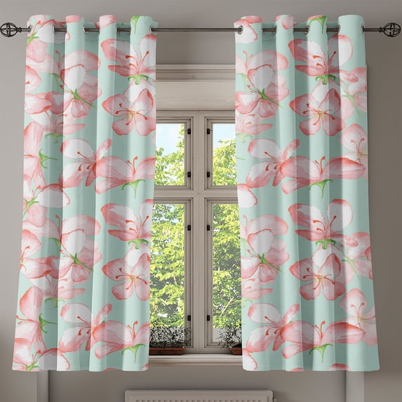 Ambesonne Springtime Grommet Curtain, Delicate Apple Blossoms, 50"x60", Salmon Rose and Mint Green
