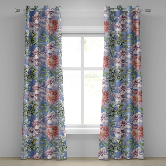 Ambesonne Springtime Grommet Curtain, Watercolor Floral Garden, 50"x96", Ceil Blue Mauve Salmon
