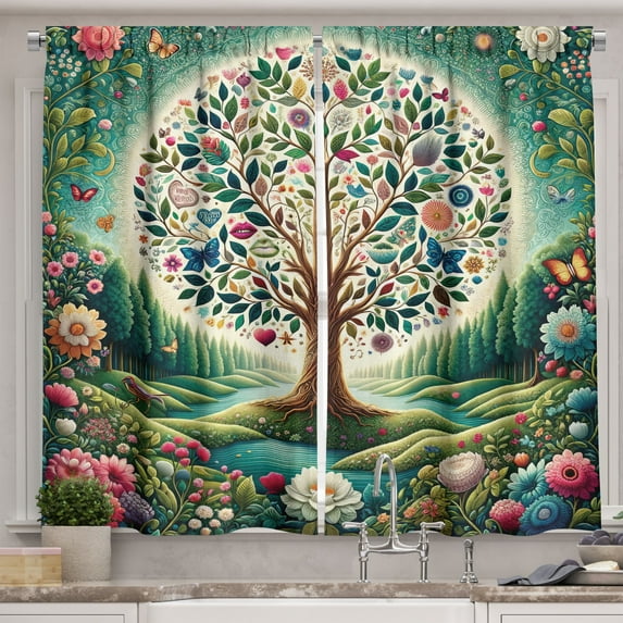 Ambesonne Springtime Kitchen Curtains, Circular Tree Flourish, 55"x45", Green Blue and Pink