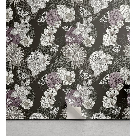 Ambesonne Springtime Peel & Stick Wallpaper for Home, Bitonal Flowers Boho Art, 13"x72", Charcoal Grey White