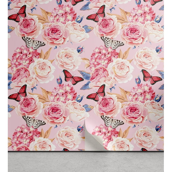 Ambesonne Springtime Peel & Stick Wallpaper for Home, Bold Pastel Garden Flora, 13"x36", Pale Pink Ceil Blue Peach