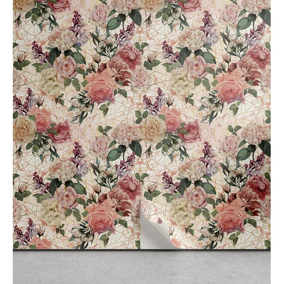 Ambesonne Springtime Peel & Stick Wallpaper for Home, Delicate Rose Leafy Art, 13"x72", Pastel Pink Forest Green