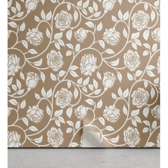 Ambesonne, Springtime Peel & Stick Wallpaper for Home, Minimalist Boho Garden, 13"x36", Warm Taupe Off White