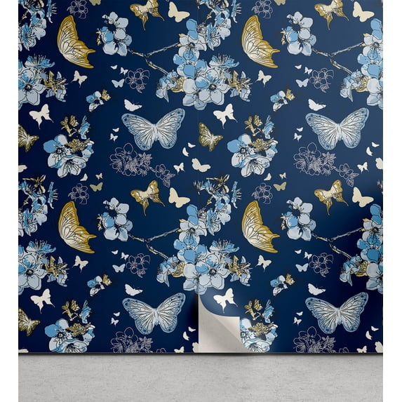 Ambesonne Springtime Peel & Stick Wallpaper for Home, Modern Butterfly Floral, 13"x100", Dark Lavender Sea Blue