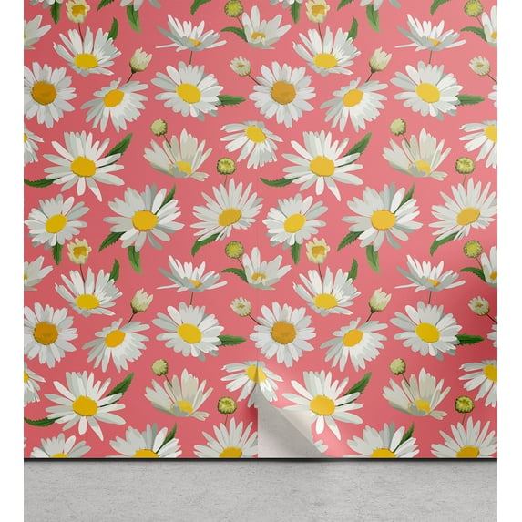Ambesonne, Springtime Peel & Stick Wallpaper for Home, Romantic Chamomile Print, 13"x72", Off White Mustard and Coral