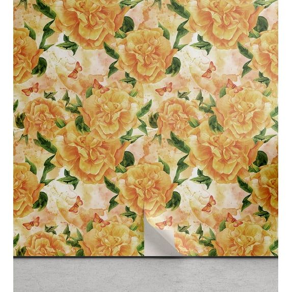 Ambesonne Springtime Peel & Stick Wallpaper for Home, Tangerine Tone Roses Art, 13"x100", Orange Green Peach