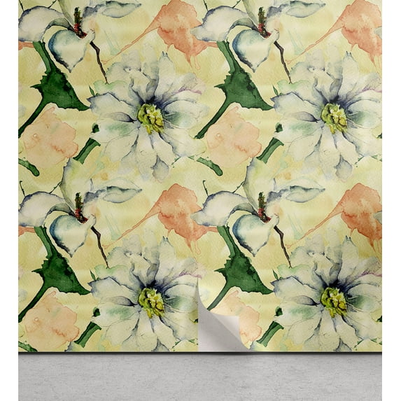 Ambesonne Springtime Peel & Stick Wallpaper for Home, Watercolor Wild Flowers, 13"x100", Grey Yellow Hunter Green