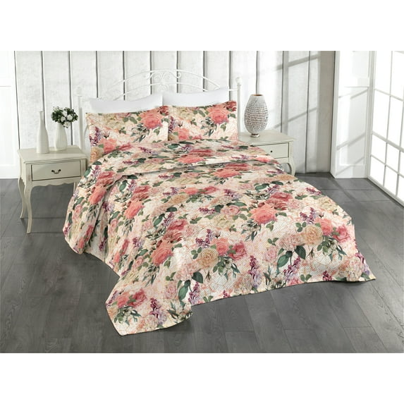 Ambesonne Springtime Quilted Bedspread Set 3 Pcs, Delicate Rose Leafy Art, Twin, Pastel Pink Forest Green