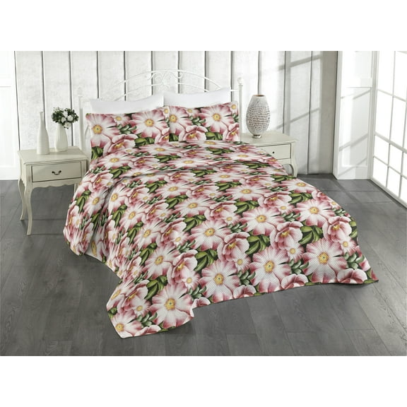Ambesonne Springtime Quilted Bedspread Set 3 Pcs, Garden Flowers Romantic, Queen, Pistachio Green Blush