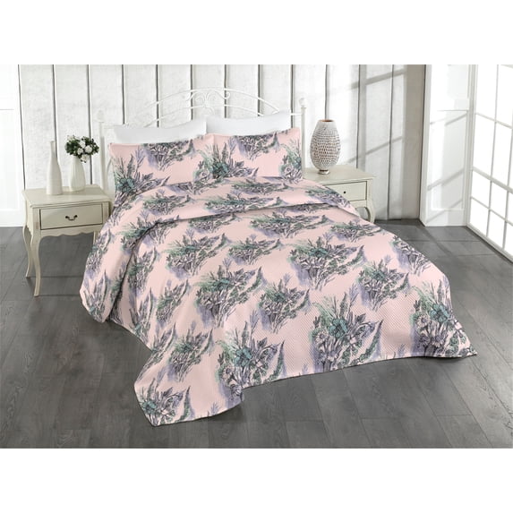 Ambesonne Springtime Quilted Bedspread Set 3 Pcs, Romantic Bouquet Print, Queen, Rose Lilac and Pale Teal