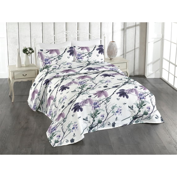Ambesonne Springtime Quilted Bedspread Set 3 Pcs, Romantic Flower Petals, Twin, Laurel Green Mauve