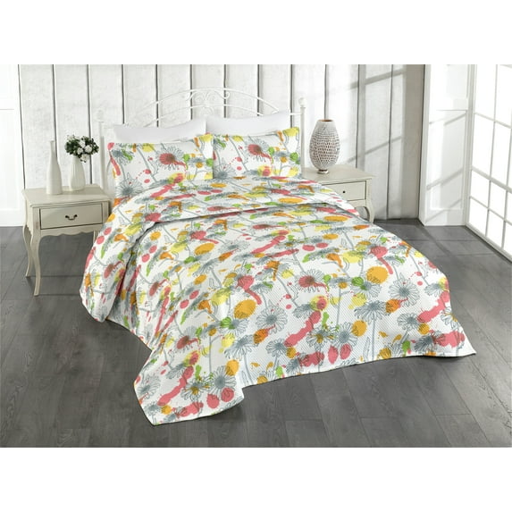 Ambesonne Springtime Quilted Bedspread Set 3 Pcs, Sketchy Chamomile Hues, Twin, White Multicolor