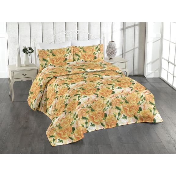 Ambesonne Springtime Quilted Bedspread Set 3 Pcs, Tangerine Tone Roses Art, Twin, Orange Green Peach