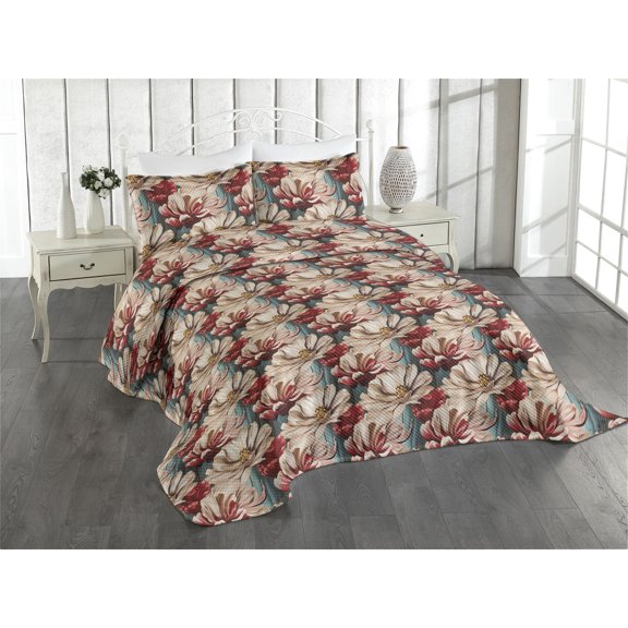 Ambesonne Springtime Quilted Coverlet 2 Pcs, Petals Vintage Flowers, Twin Size, Warm Taupe and Ruby
