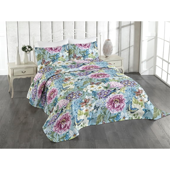 Ambesonne Springtime Quilted Coverlet 2 Pcs, Romantic Floral Vintage, Twin Size, Cadet Blue Multicolor