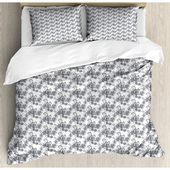 Ambesonne Squirrel Duvet Cover Set, Forest Friend Sketch Art, King, White and Purpleblue