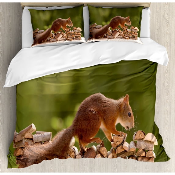 Ambesonne Squirrel Duvet Cover Set, Nutcracker on Woods Design, 2-Calking, Brown Pale Olive Green