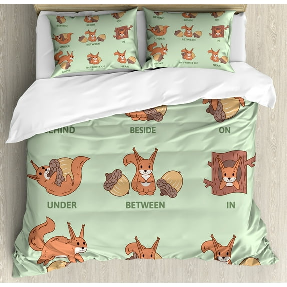Ambesonne Squirrel Duvet Cover Set, Prepositions, 2-Calking, Pale Green Dark Peach
