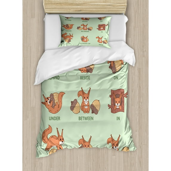 Ambesonne Squirrel Duvet Cover Set, Prepositions, Twin, Pale Green Dark Peach
