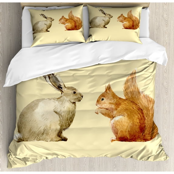 Ambesonne Squirrel Duvet Cover Set, Rabbit Animal Friends Art, 2-Calking, Beige and Dark Sand Brown
