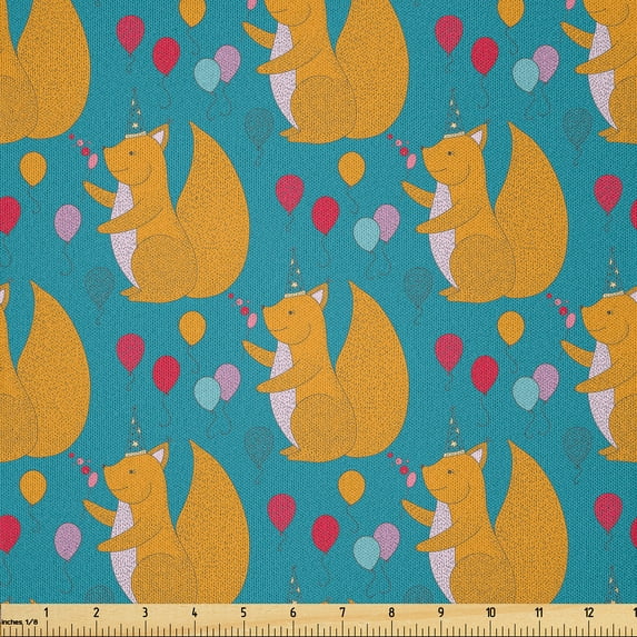 Ambesonne Squirrel Fabric by the Yard Microfiber, Fluffy Happy Birthday Art, 3 Yards, Marigold and Dark Pink