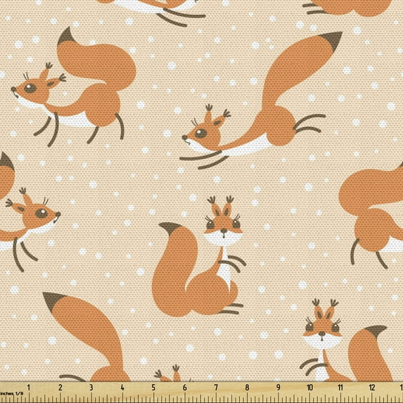 Ambesonne Squirrel Fabric by the Yard Upholstery, Fluffy Rodents Snowfall, 3 Yards, Peach Orange Brown