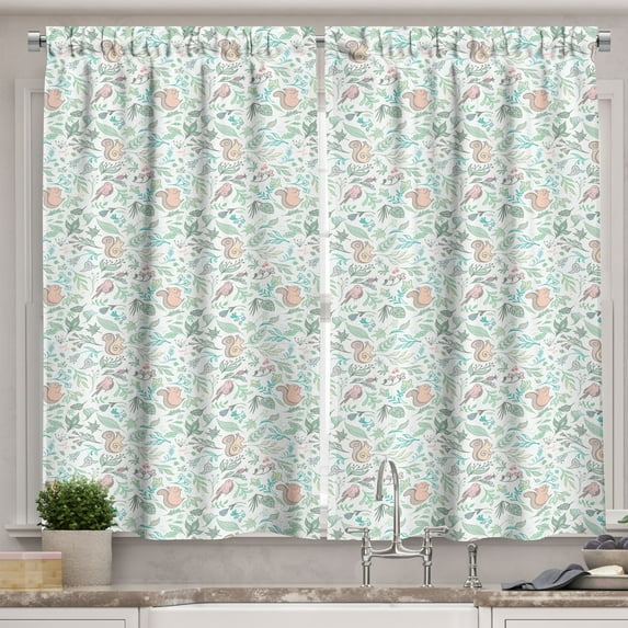 Ambesonne Squirrel Garden Kitchen Curtains, Animals with Leaves, 55"x24", Multicolor
