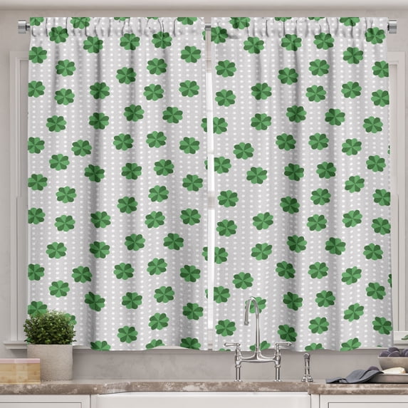 Ambesonne St. Patrick's Day Kitchen Curtains, Clovers Pattern, 55"x45", Pale Grey Fern Green
