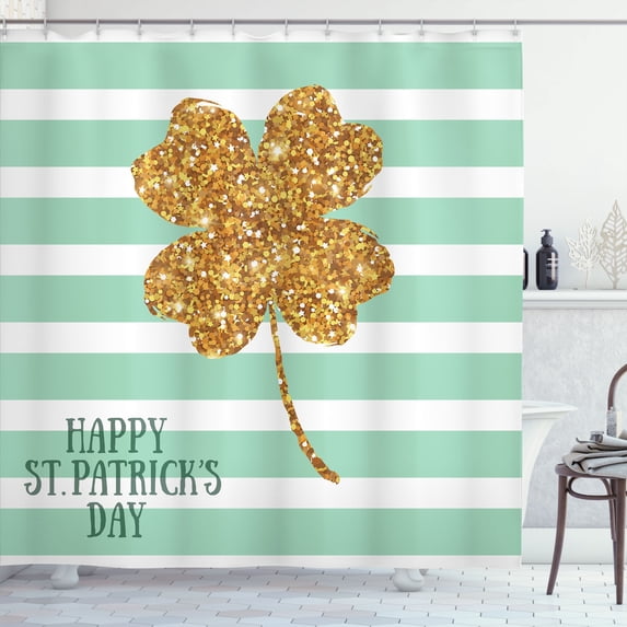 Ambesonne St Patrick's Day Shower Curtain, 4-Leaf Shamrock, 69"Wx75"L, Mint Green and Amber
